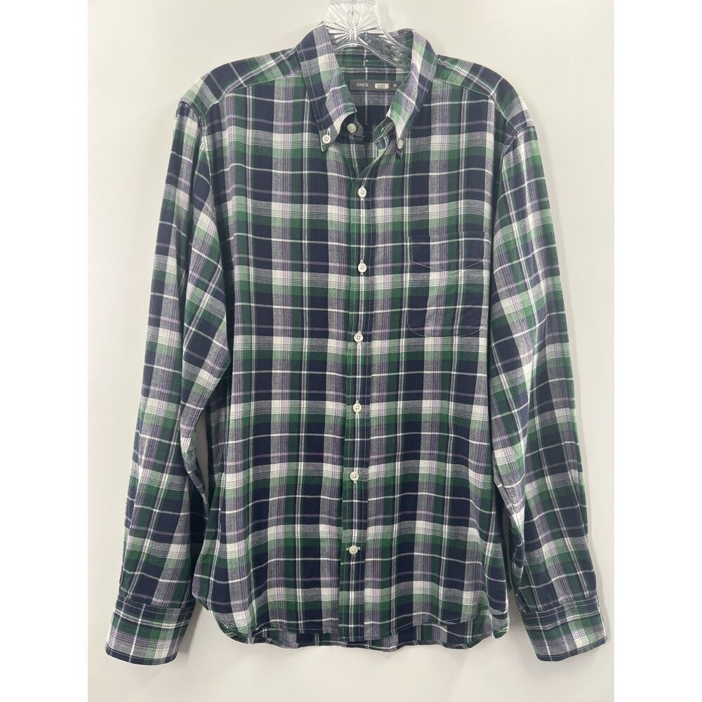 VINCE Men’s Long Sleeve Button Up Cotton Plaid Shirt Purple Green White Medium